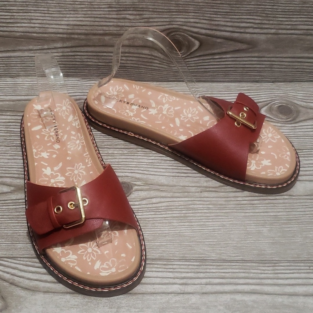 Lucky Brand red brick slide open toe flat mules sandals woman size 10 new